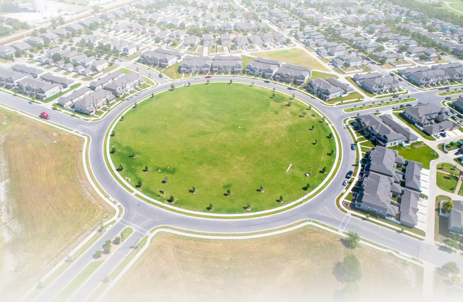 Aerial view of a circular green in Pflugerville, Texas